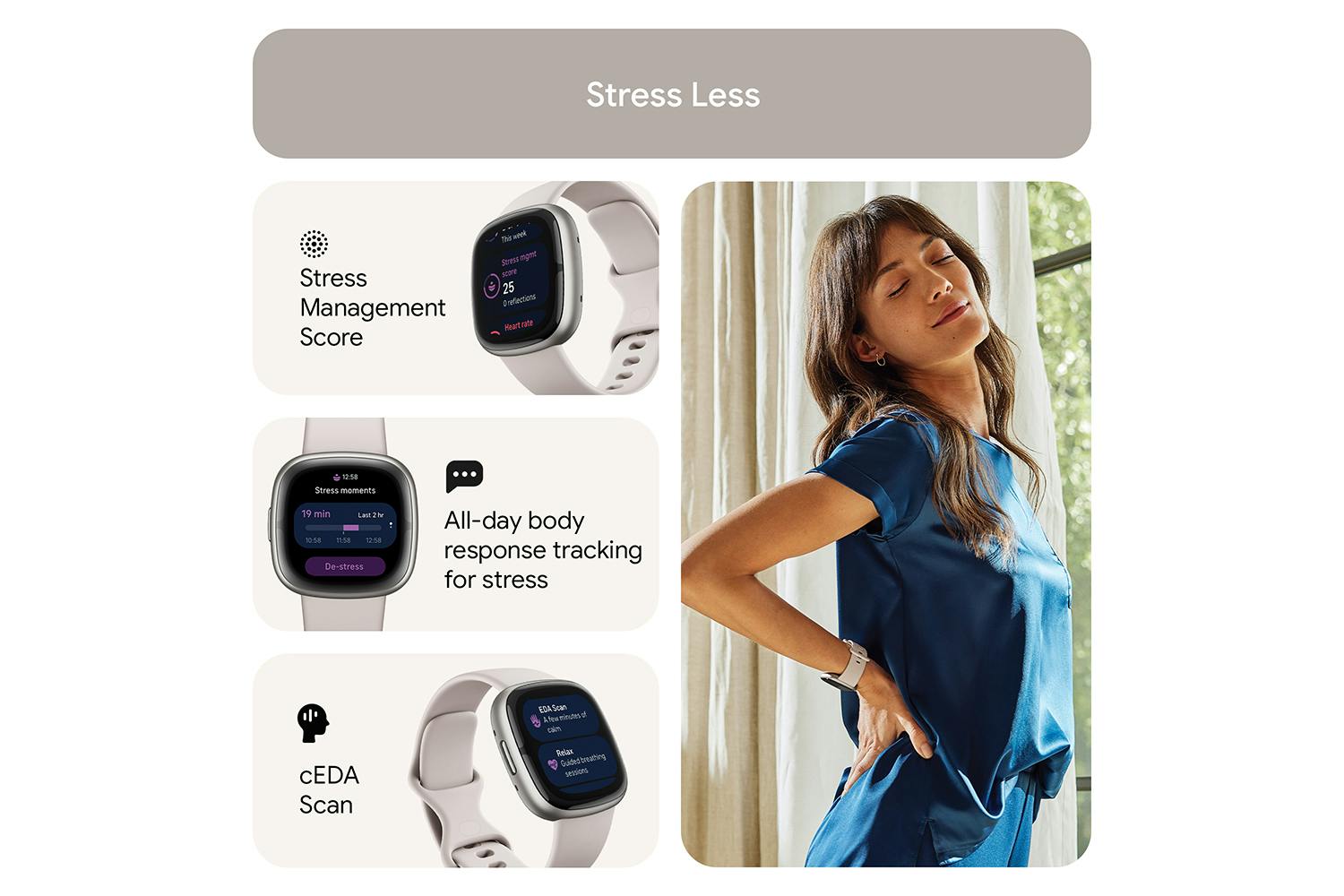 Fitbit Sense 2 Smartwatch — Lunar White / Platinum (FB521SRWT)