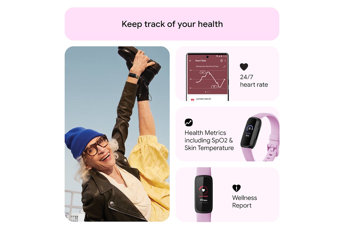 Fitbit Inspire 3 - Health & Fitness Tracker with 10-Day Battery & AMOLED Display - Black/Lilac Bliss | 79-FB424BKLV
