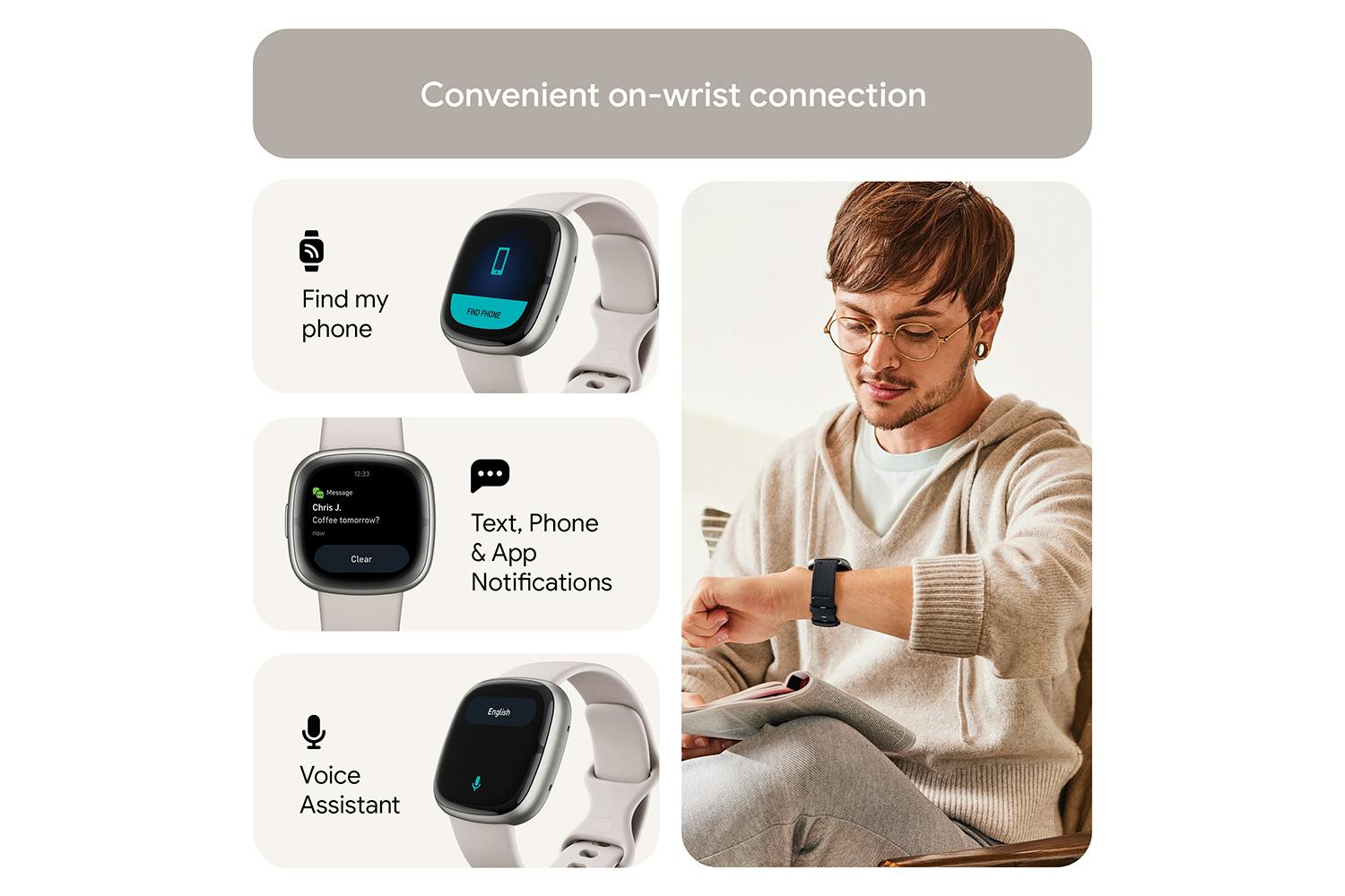 Fitbit Sense 2 Smartwatch — Lunar White / Platinum (FB521SRWT)
