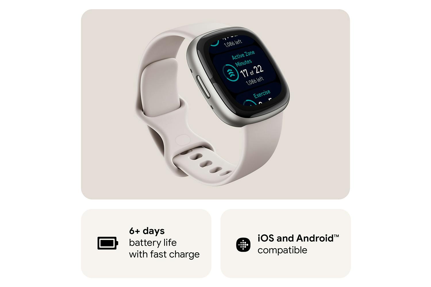 Fitbit Sense 2 Smartwatch — Lunar White / Platinum (FB521SRWT)